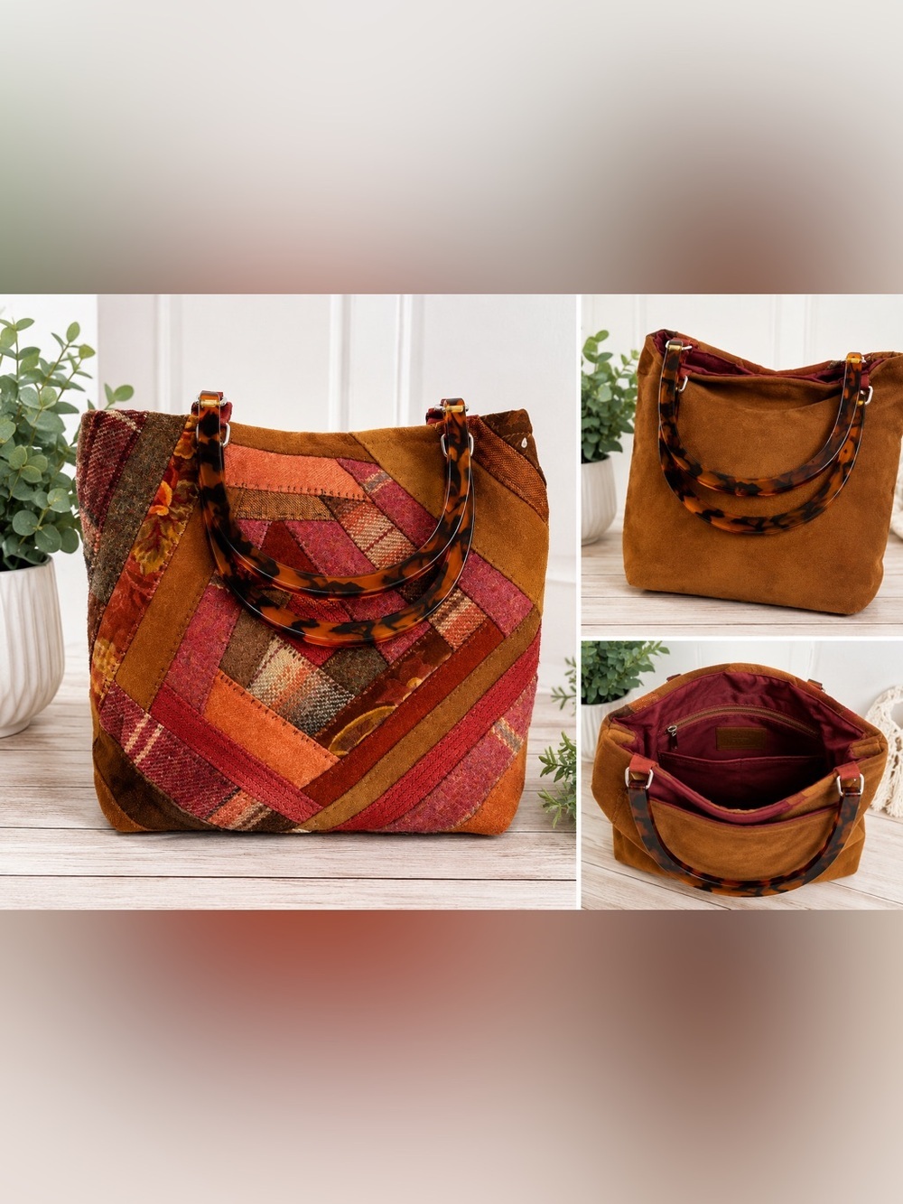 Boho Patchwork Suede Tote Bag Tortoiseshell Acrylic Handles Artisan Style